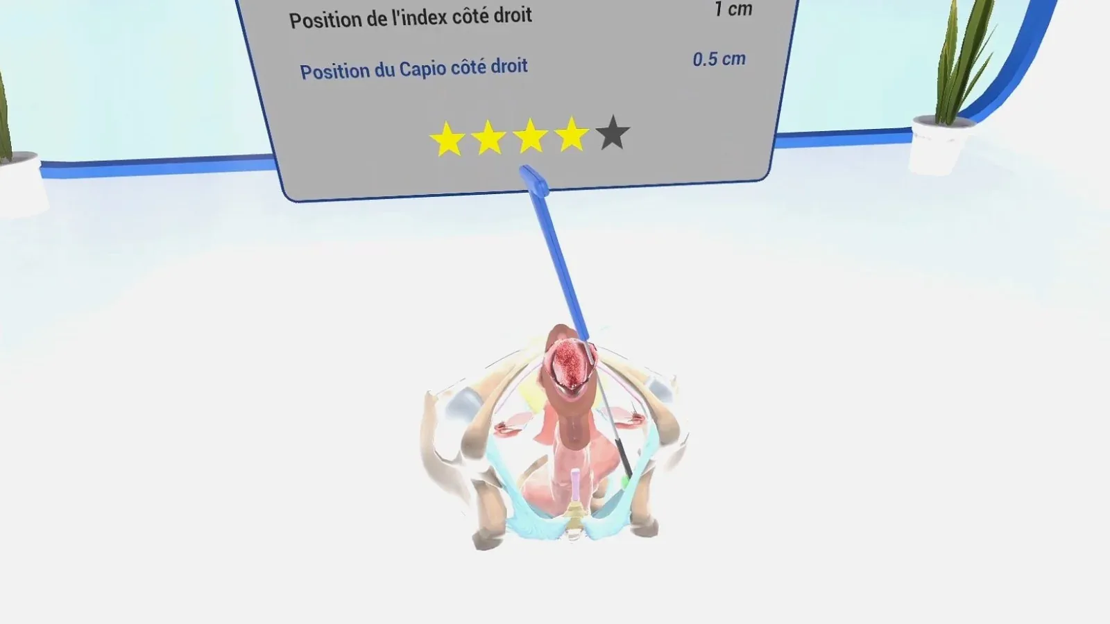 Écran de résultat de la simulation : l'écart de position de l'index et de l'instrument, et une note en étoiles