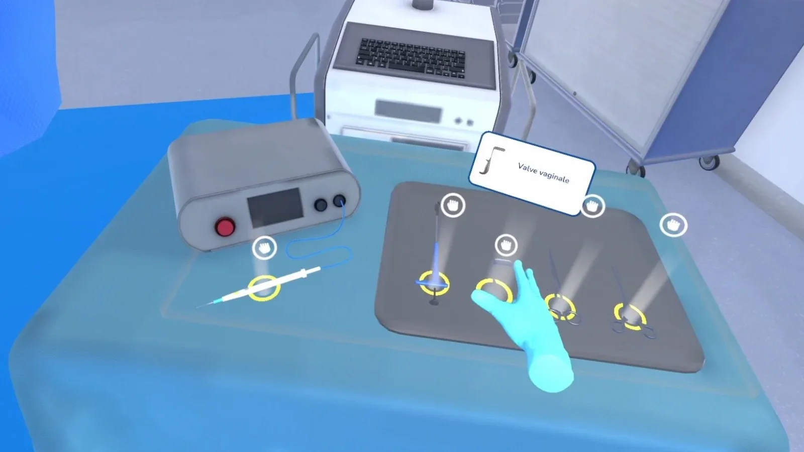 Table d'instruments de la simulation en réalité virtuelle : chaque instrument se saisit à la main, repéré par un cercle