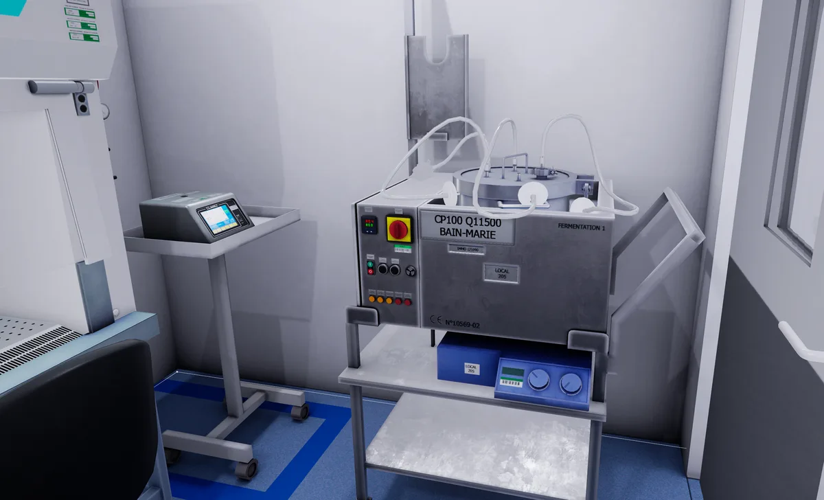 La salle de production reconstituée en réalité virtuelle : poste de travail, bain-marie et équipements