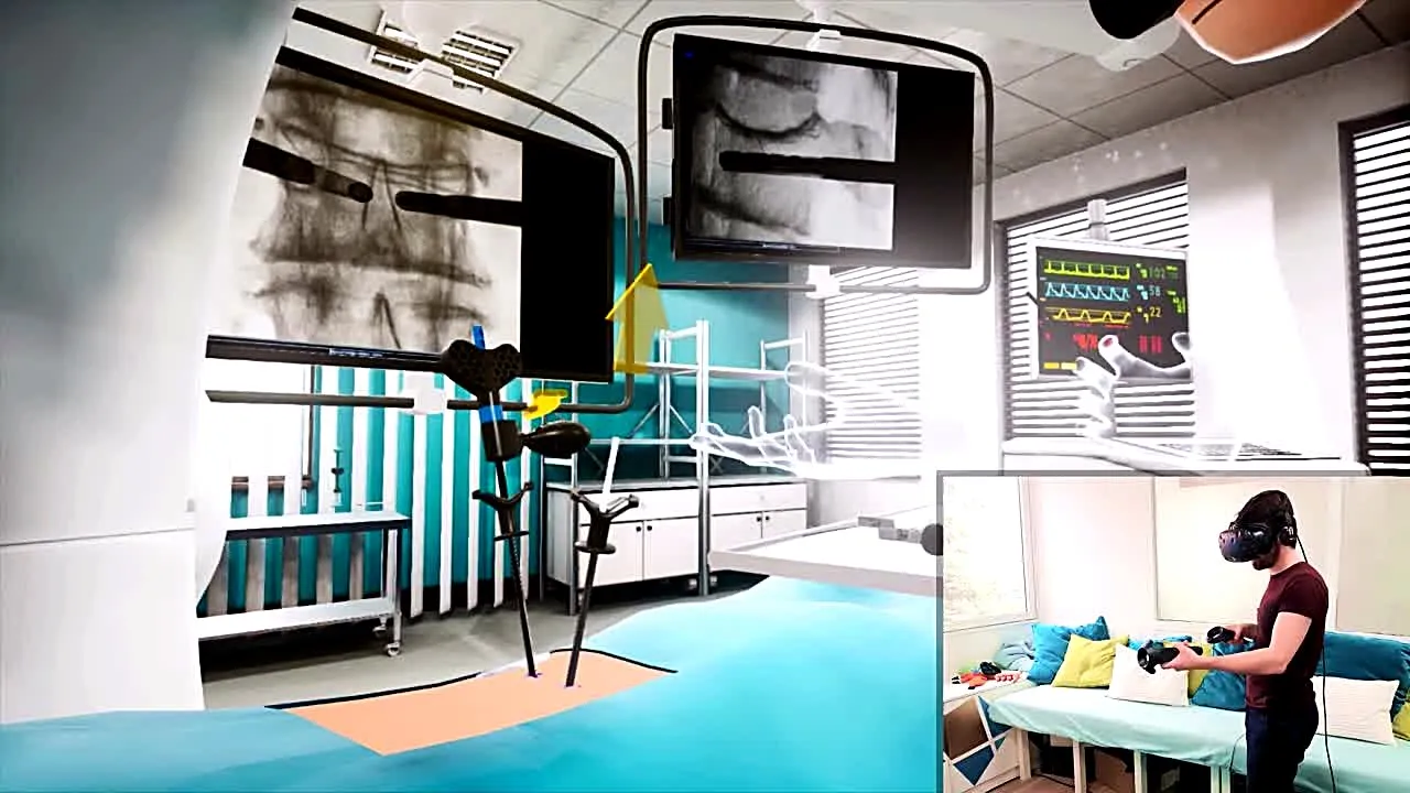 Bloc opératoire en réalité virtuelle, radios affichées au-dessus du patient, chirurgien casqué en incrustation