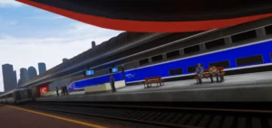 Quai de gare reconstitué en réalité virtuelle, deux trains à l'arrêt et des voyageurs sur le quai.
